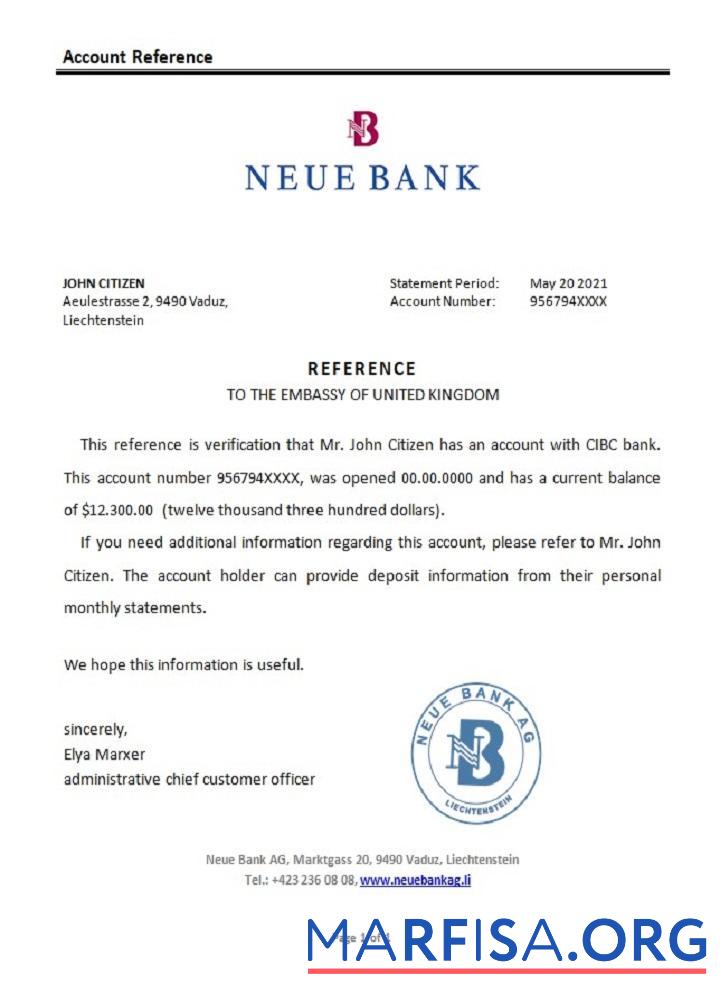 Blank Liechtenstein Neue Bank reference sample